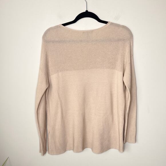 Eileen Fisher XS Tencel Long Sleeve Tan Sweater Mesh & Ribbed Detailing Minimal - Picture 4 of 7
